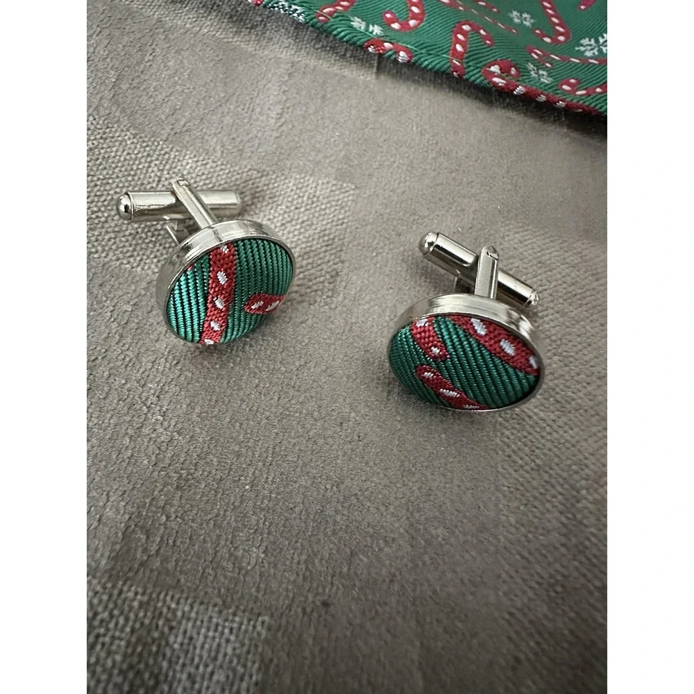 Barry.Wang Tie Set Mens Green Candy‎ Cane Christmas Pocket Square Cufflinks